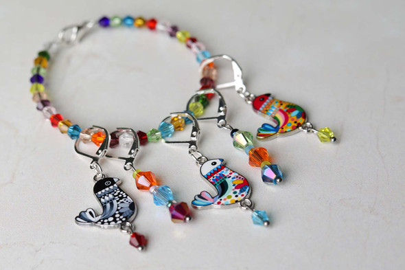Fancy Colorful Birds Stitch Markers with Beaded Holder